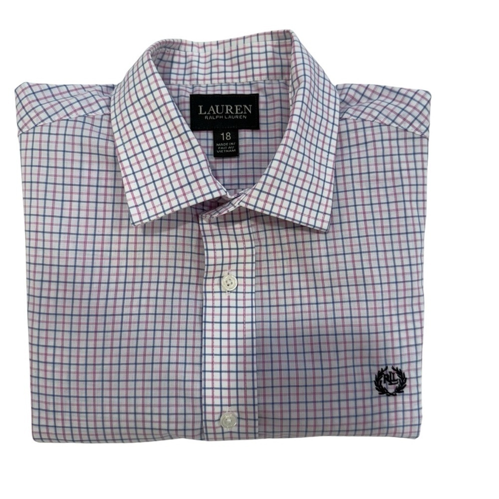 Ralph Lauren Boys Button Up Oxford Shirt White Plaid Crest Logo size 18 Youth - Picture 3 of 6